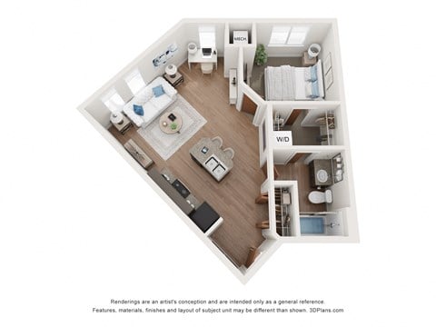 Floor plan for 1 bed, 1 bath, 632 sqft